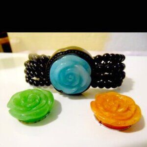 Colleen Lopez Black Onyx Beaded Stretch Bracelet with Interchangeable Jade Discs